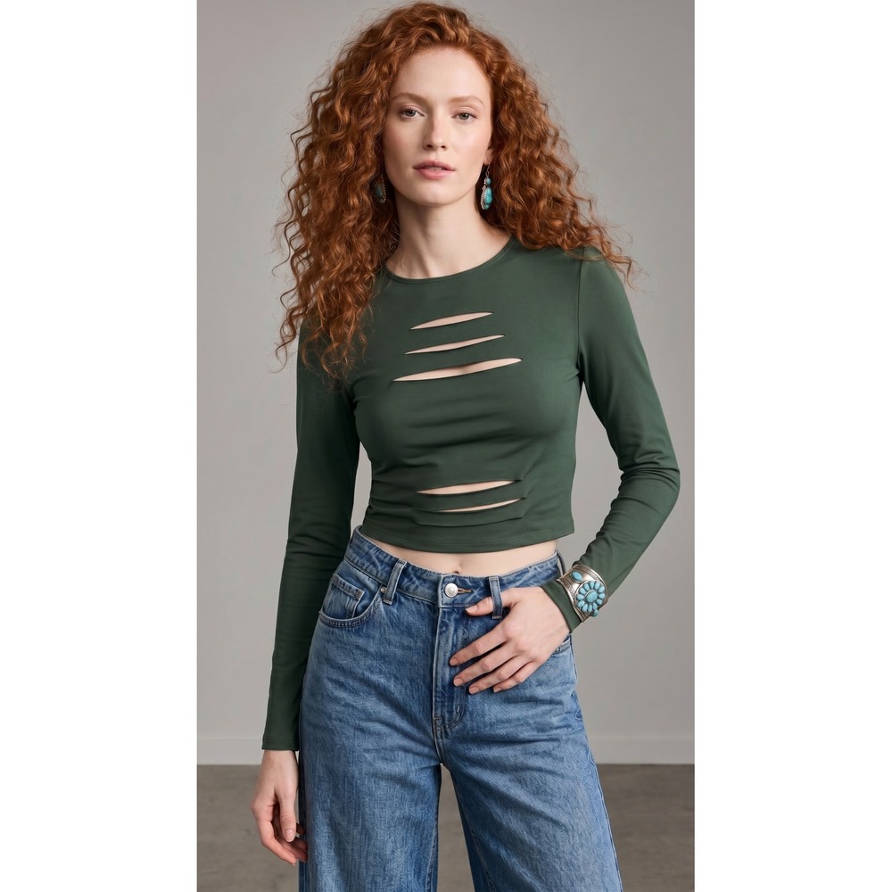 Halara Womens XS Cutout Long Sleeve Slash Crop Top Edgy Streetwear Grunge Edgy
